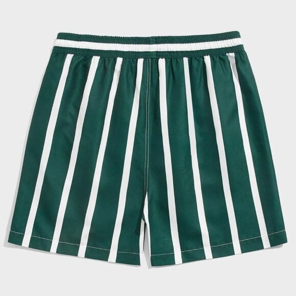 Green Vacation Style Striped Men's Swim Trunks - Picture 3 of 6